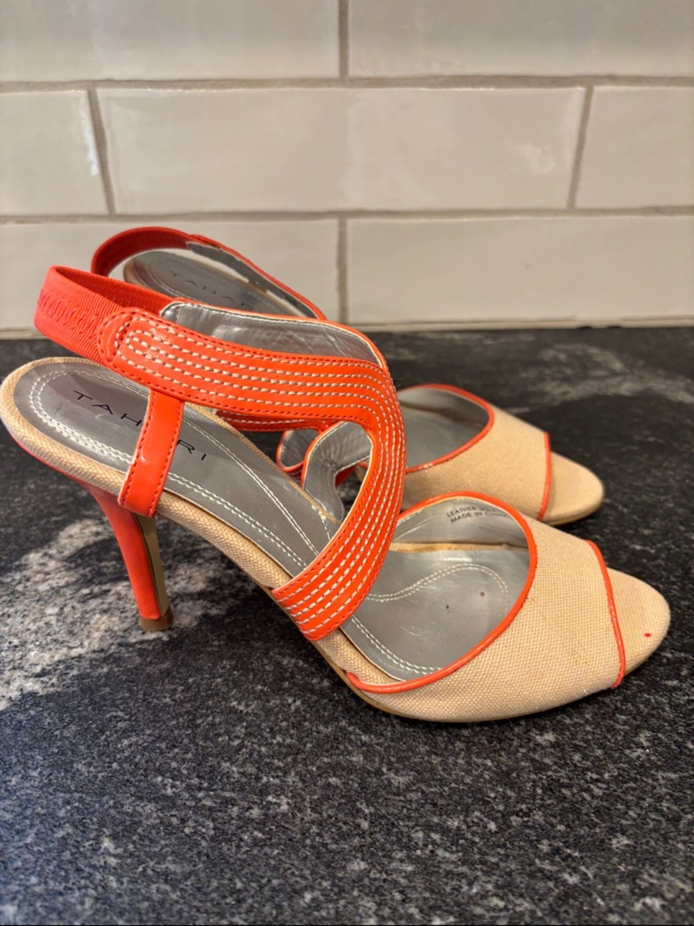 Vintage Tahari Laine Open Toe Slingback Strappy Heels Orange/Tan Size 7.5M